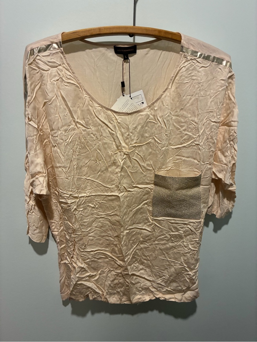 ADOLFO DOMINGUEZ Beige Gold Scoop Neck Viscose Top NWT Size Large